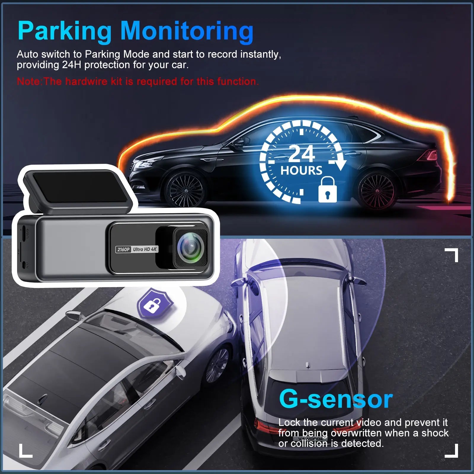 Camera auto 4K cu cameră spate 1080P DVR WiFi 5G, vizionare nocturnă, senzor GC4653, pentru monitorizare și siguranță auto.
