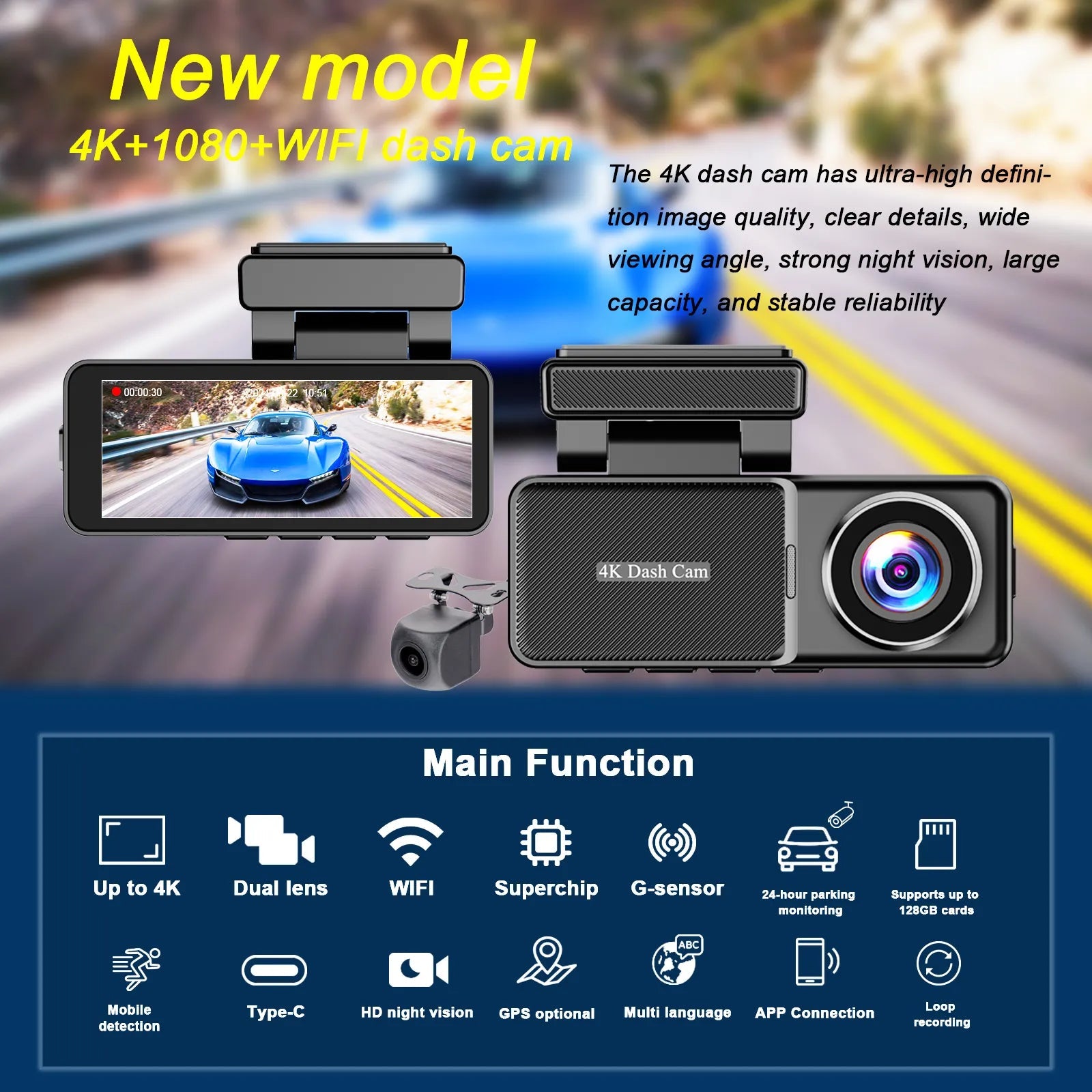 Camera auto 4K Taggo cu ecran LCD, cameră spate 1080P, GPS, WiFi, vizionare nocturnă și senzor SGC4663.