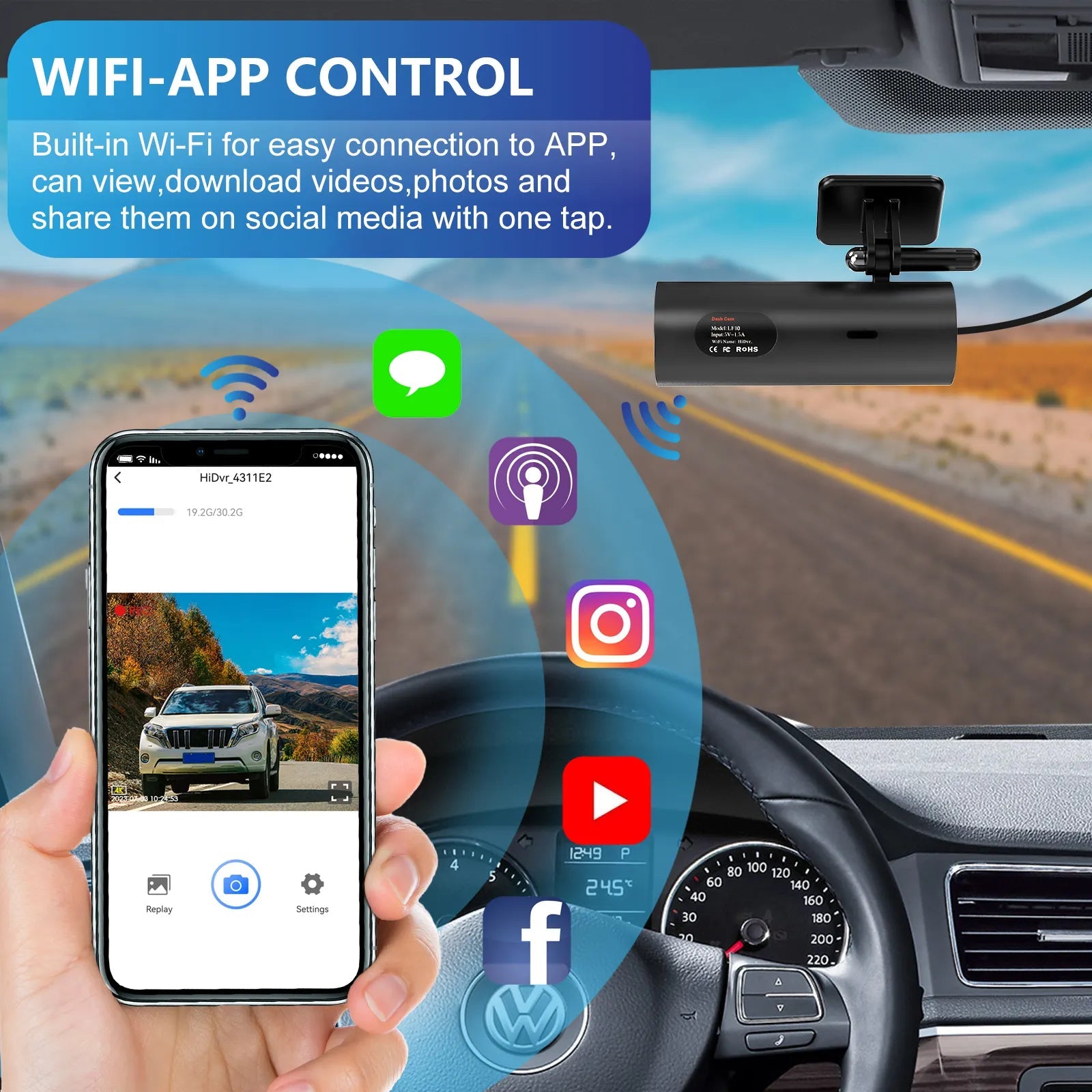 Camera auto Taggo.ro 2K cu cameră spate 1080P, vizionare nocturnă, monitorizare parcare 24H, DVR WiFi, senzor GC4653