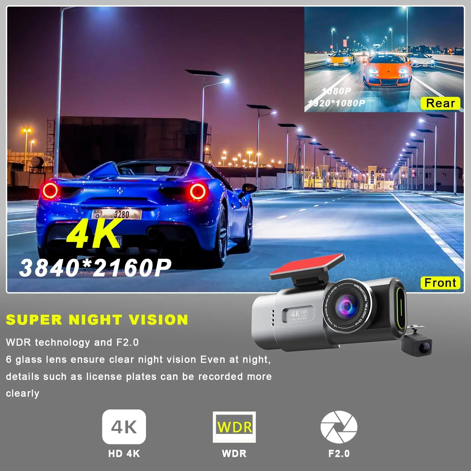 Camera auto 4K cu ecran LCD, cameră spate 1080P, DVR WiFi, vizionare nocturnă și monitorizare parcare 24h, marca Taggo.