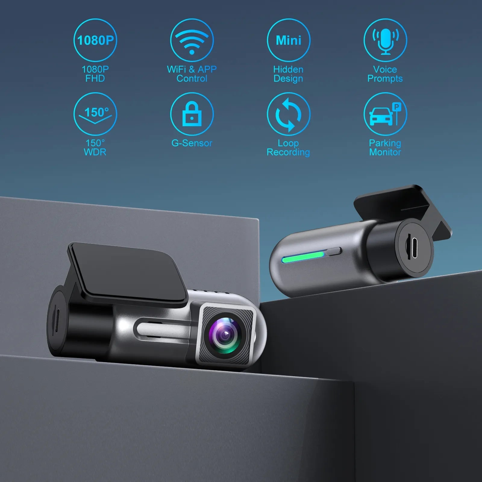 Camera auto DVR WiFi Taggo.ro, vizionare nocturnă, unghi 150°, Full HD 1080P, senzor GC2083, montaj auto sigur.