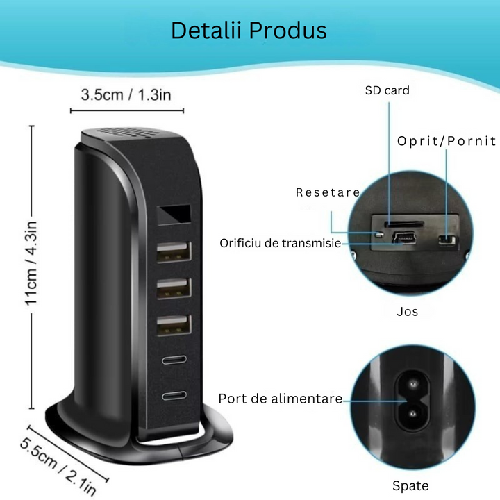 Camera spion in statie de incarcare, Wi-Fi, Full HD, senzor de miscare, 20W, 1x USB-C, 4x USB-A - Taggo.ro