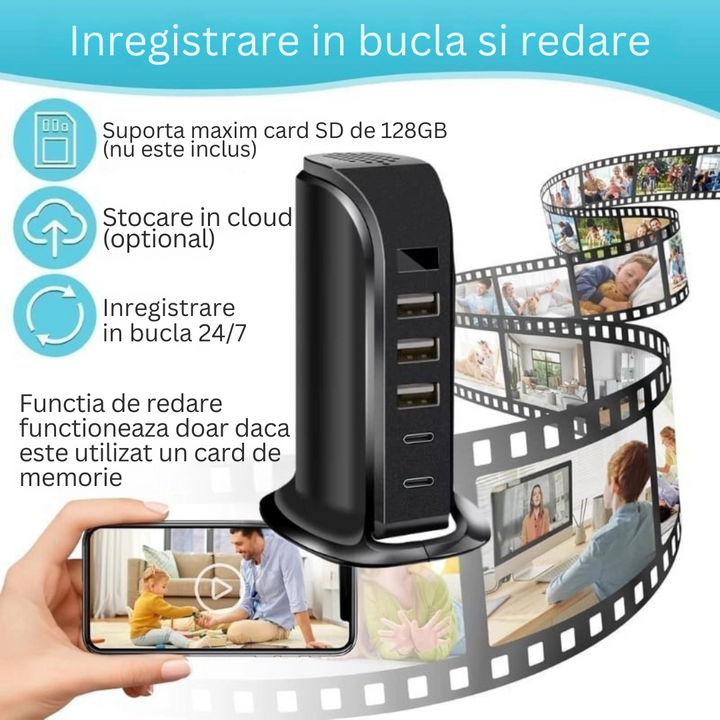 Camera spion in statie de incarcare, Wi-Fi, Full HD, senzor de miscare, 20W, 1x USB-C, 4x USB-A - Taggo.ro