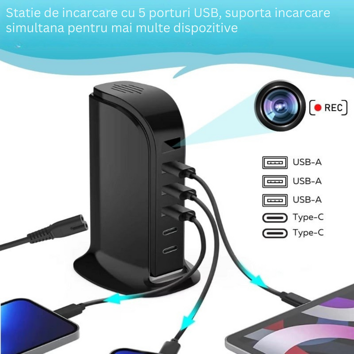 Camera spion in statie de incarcare, Wi-Fi, Full HD, senzor de miscare, 20W, 1x USB-C, 4x USB-A - Taggo.ro