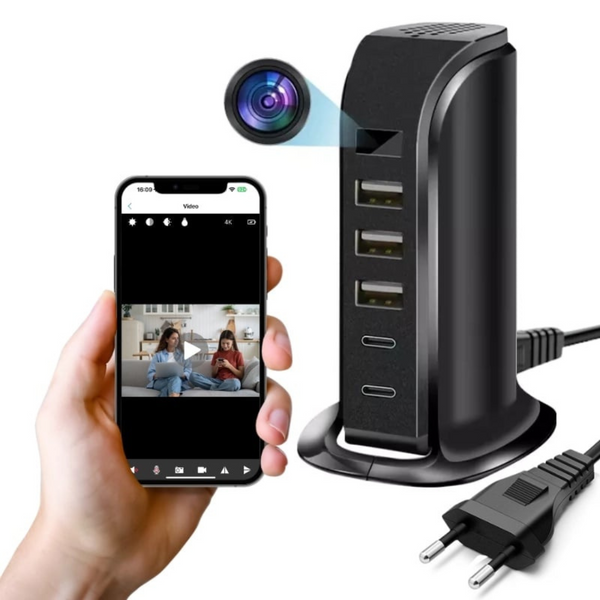 Camera spion in statie de incarcare, Wi-Fi, Full HD, senzor de miscare, 20W, 1x USB-C, 4x USB-A - Taggo.ro