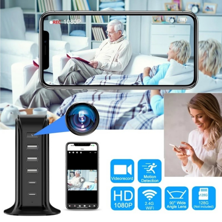 Camera spion in statie de incarcare, Wi-Fi, Full HD, senzor de miscare, 20W, 1x USB-C, 4x USB-A - Taggo.ro