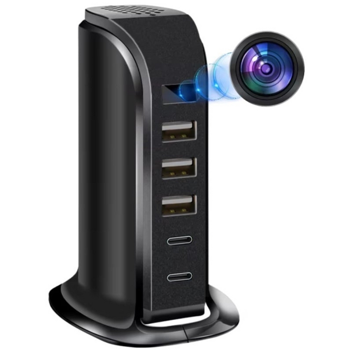 Camera spion in statie de incarcare, Wi-Fi, Full HD, senzor de miscare, 20W, 1x USB-C, 4x USB-A - Taggo.ro