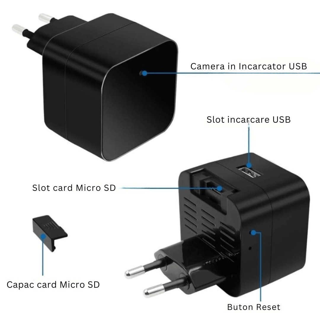 Încărcător USB Taggo cu cameră spion Wi-Fi Full HD, vedere nocturnă și senzor de mișcare, montat în priză electrică.