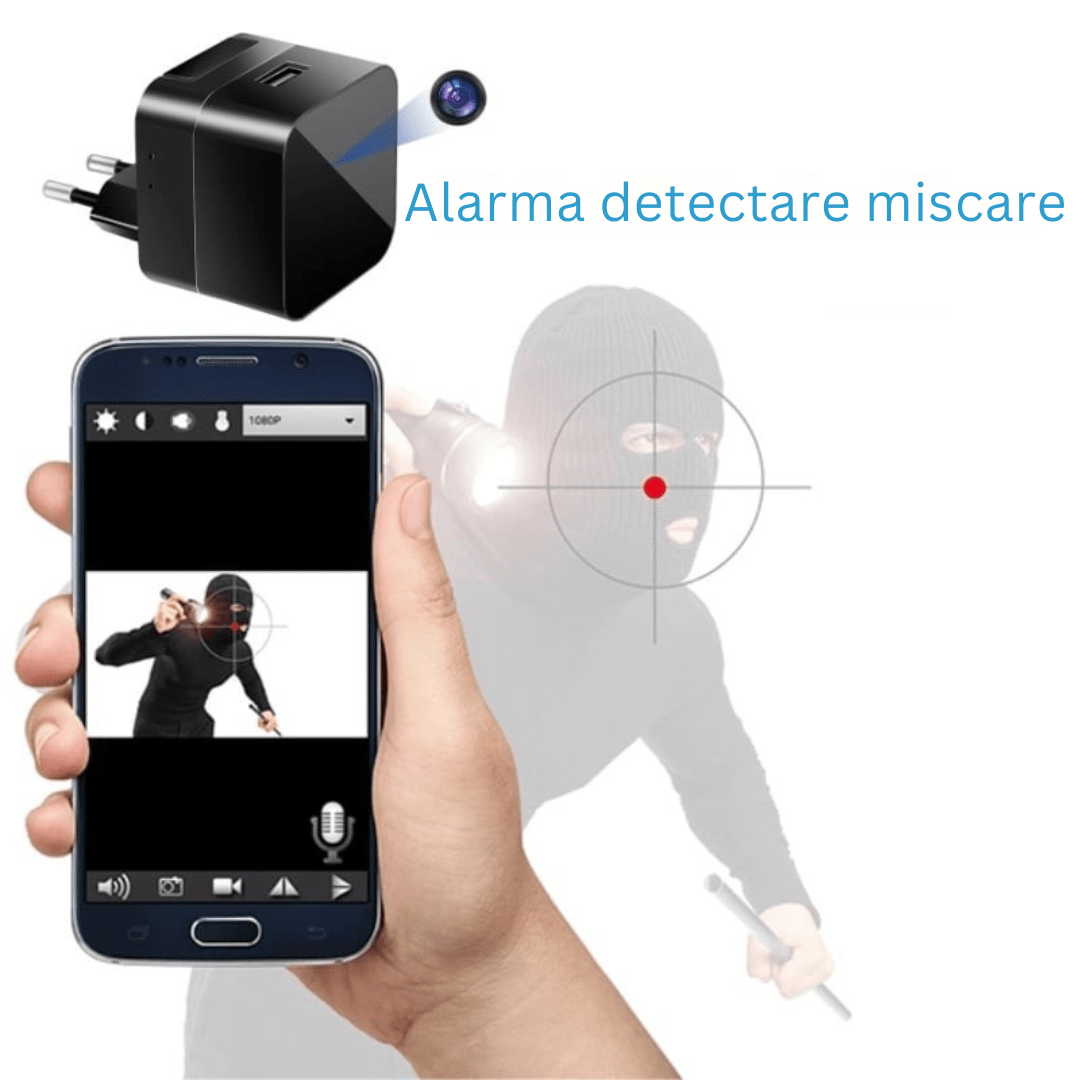 Încărcător USB Taggo cu cameră spion Wi-Fi, Full HD, vedere nocturnă și senzor de mișcare, montaj discret în priză.