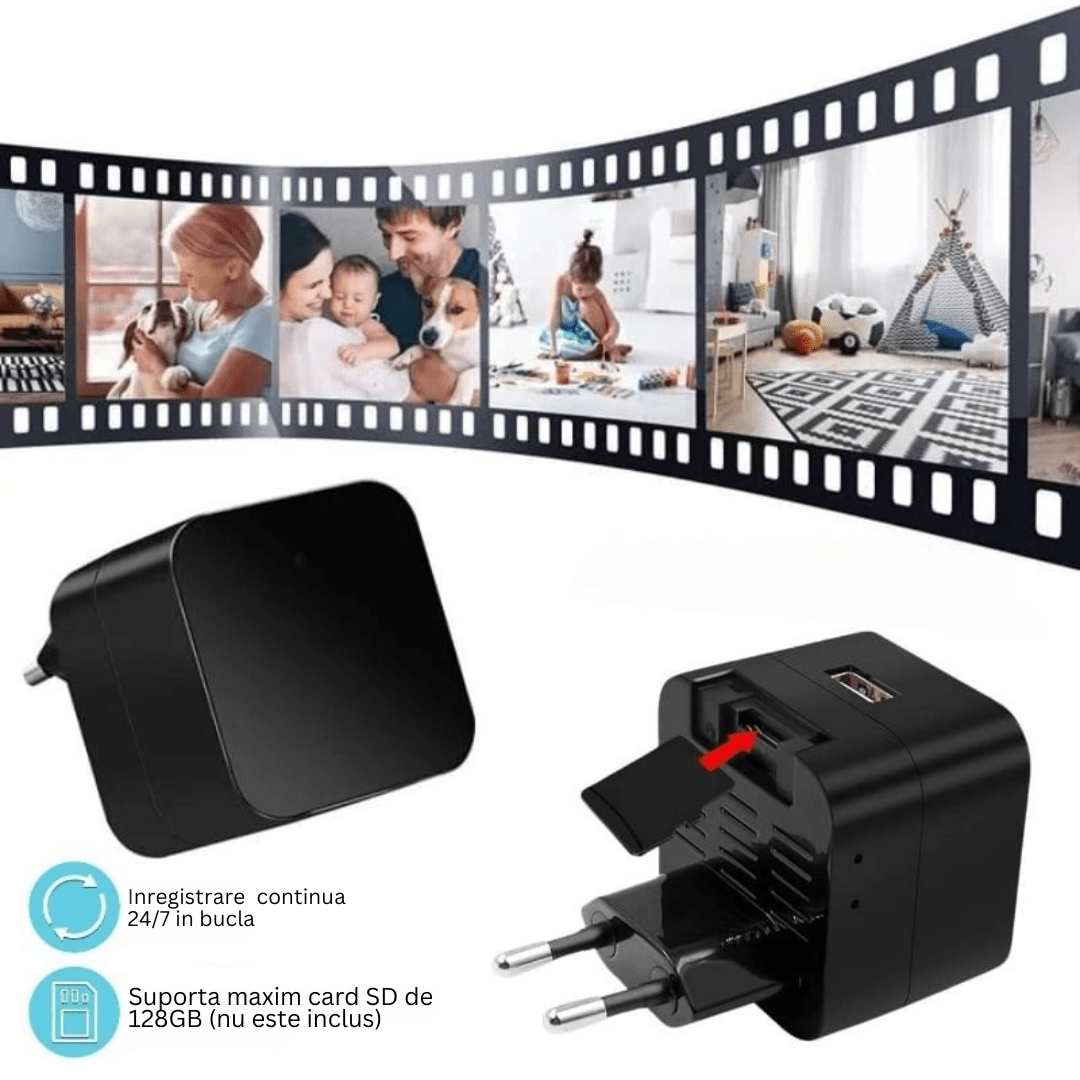 Încărcător USB Taggo cu cameră spion Wi-Fi, Full HD, vedere nocturnă și senzor de mișcare, pentru supraveghere discretă