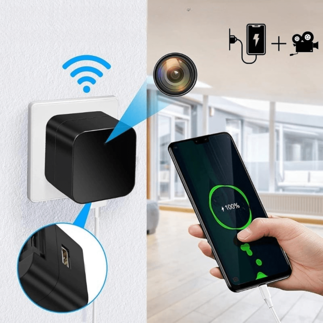 Încărcător USB Taggo cu cameră spion Wi-Fi Full HD, vedere nocturnă și senzor de mișcare, discret și compact.