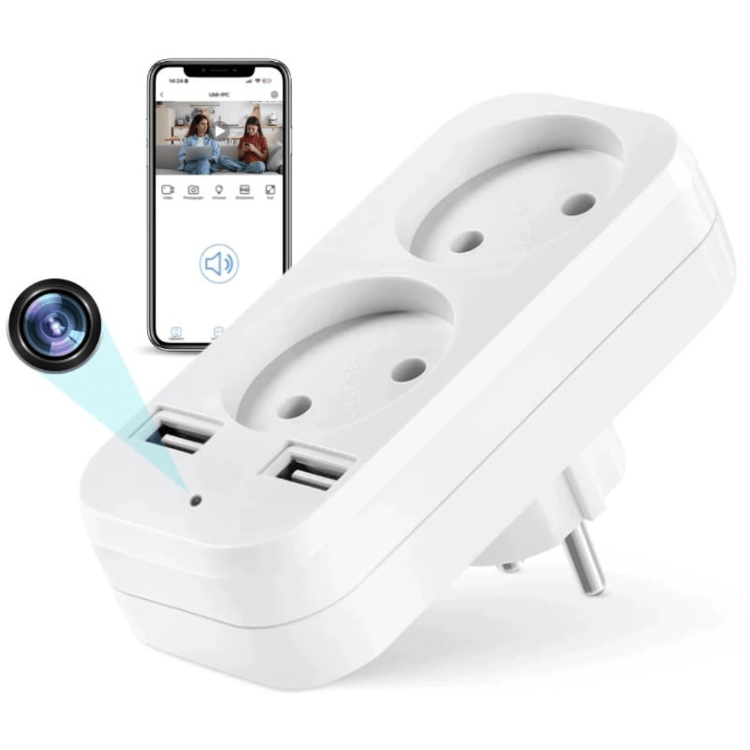 Camera spion în adaptor dublu Taggo, Wi-Fi, Full HD, vizualizare în timp real, pentru inspecții industriale și surveillance.