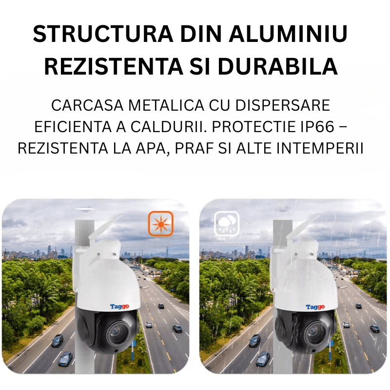 Camera de supraveghere WiFi Taggo 5 MP cu zoom optic 18x, detectare mișcare, protecție IP66, alimentare cu panou solar