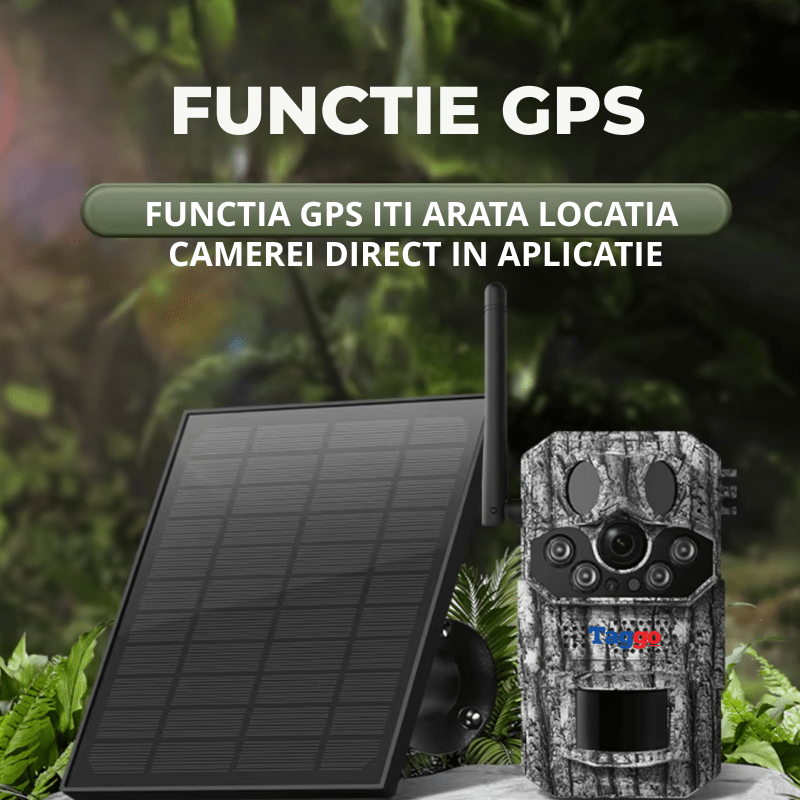 Camera de vânătoare Taggo cu încărcare solară, GPS, rezistență IP66, 4G și 5MP, pentru supraveghere în aer liber
