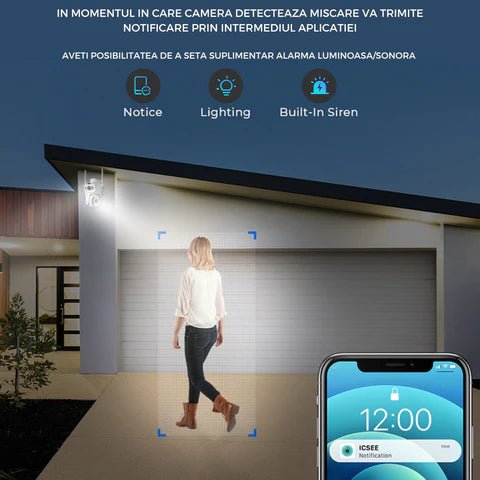 Camera WiFi de supraveghere Taggo 4K, 8MP cu 2 lentile, control din aplicație, urmărie automată și rezistentă la apă IP66.