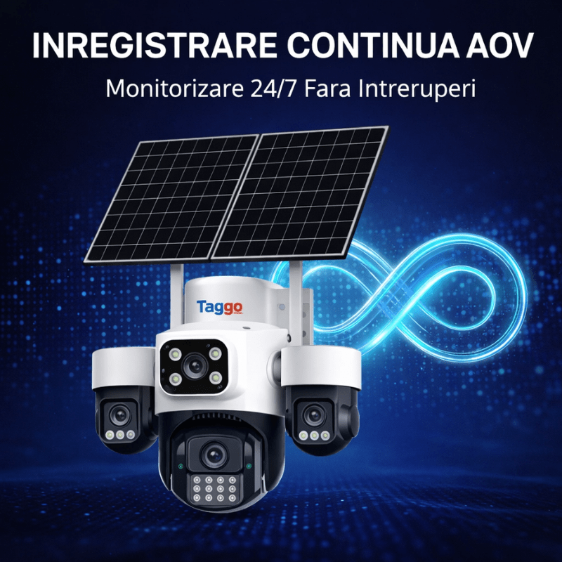 Camera Solara Cu 4 Lentile, 4G / eSIM, 16MP Vedere Nocturna Color, Detectie Miscare, Inregistrare AOV - Taggo.ro