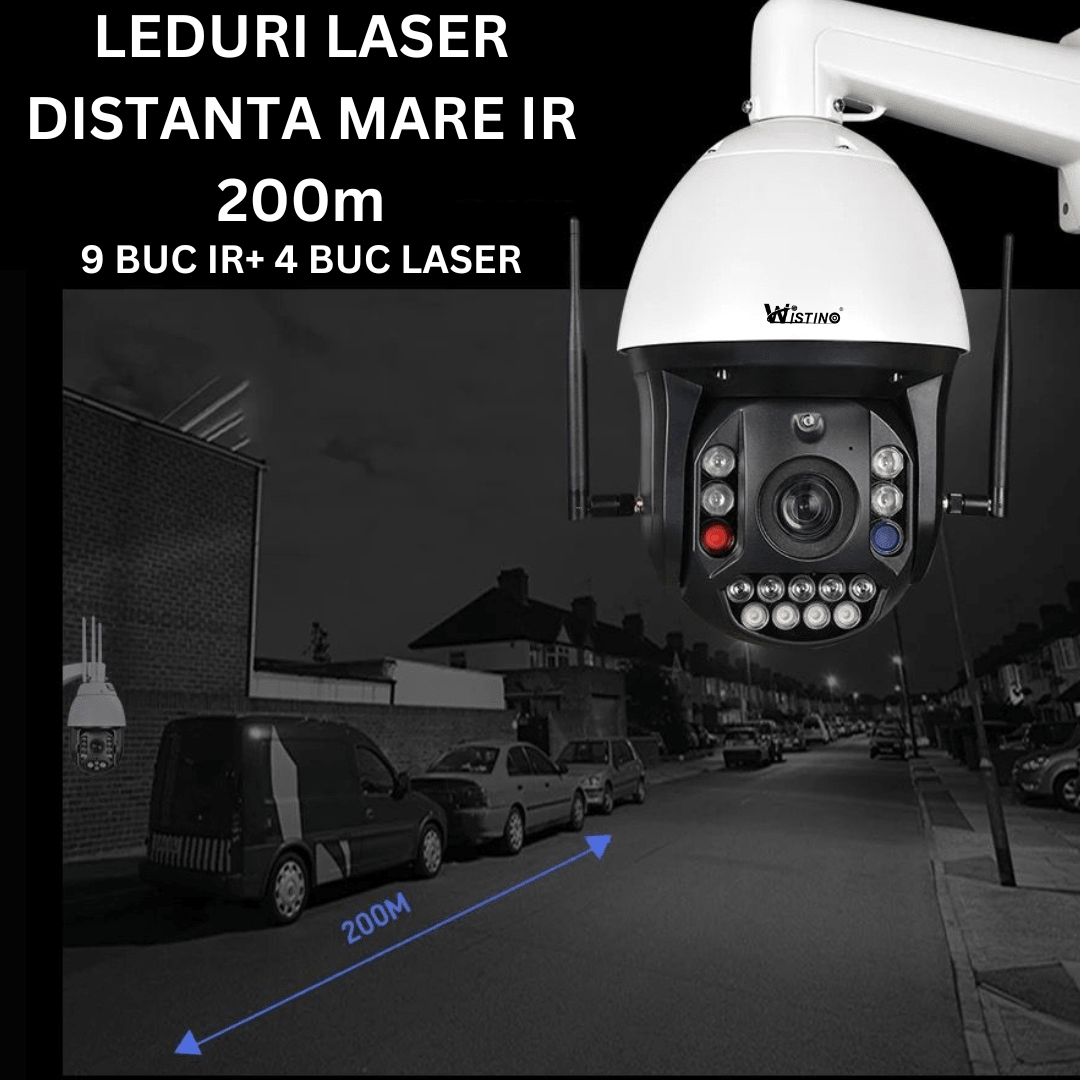 Camera de supraveghere WIFI 4K Ultra HD cu zoom optic 99x, rotire din aplicație și rezistență IP66, pentru siguranță și monitorizare.