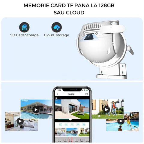 Camera WiFi de supraveghere Taggo 4K, 8MP, cu 2 lentile, control prin aplicație, urmărire automată și rezistență IP66.