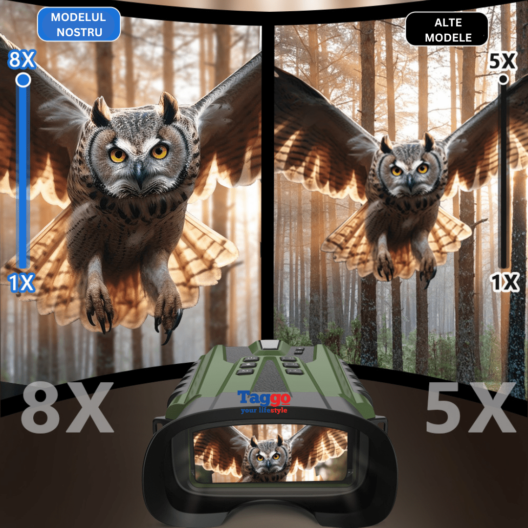 Binoclu digital profesional de vânătoare Taggo cu vedere nocturnă 4K, zoom 8X, ecran LCD și autonomie baterie.
