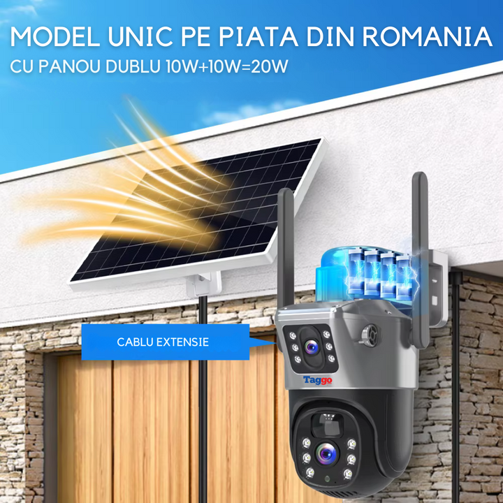 Camera Supraveghere 4G 4K Ultra HD, Dual Camera, Incarcare Solara Panou 20W, Rotire Din Aplicatie, Rezistenta La Apa IP 66, Card 64GB - Taggo.ro