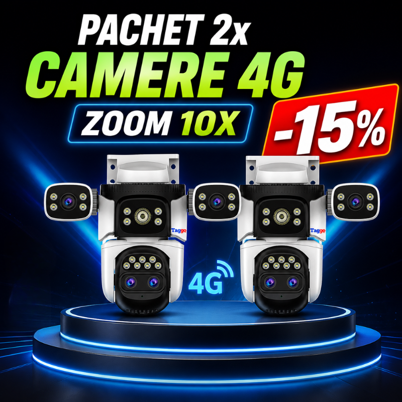 Două camere de supraveghere Fast Bundle cu conexiune 4G, 4 lentile și zoom 10x, montate pentru supraveghere.