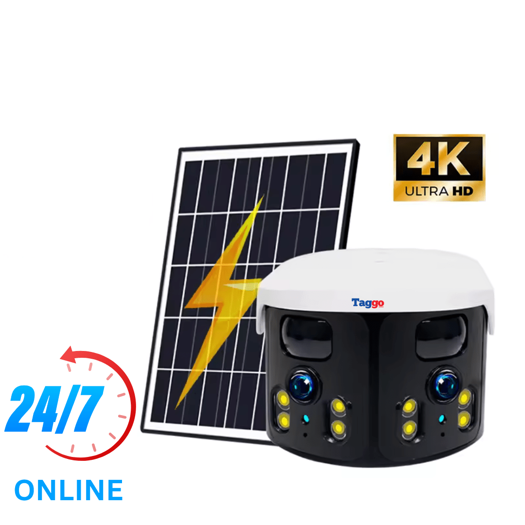 Camera supraveghere 4G Taggo.ro, 4K, 8MP, lentile duale, incarcare solară, vedere panoramică, control din aplicație, IP65