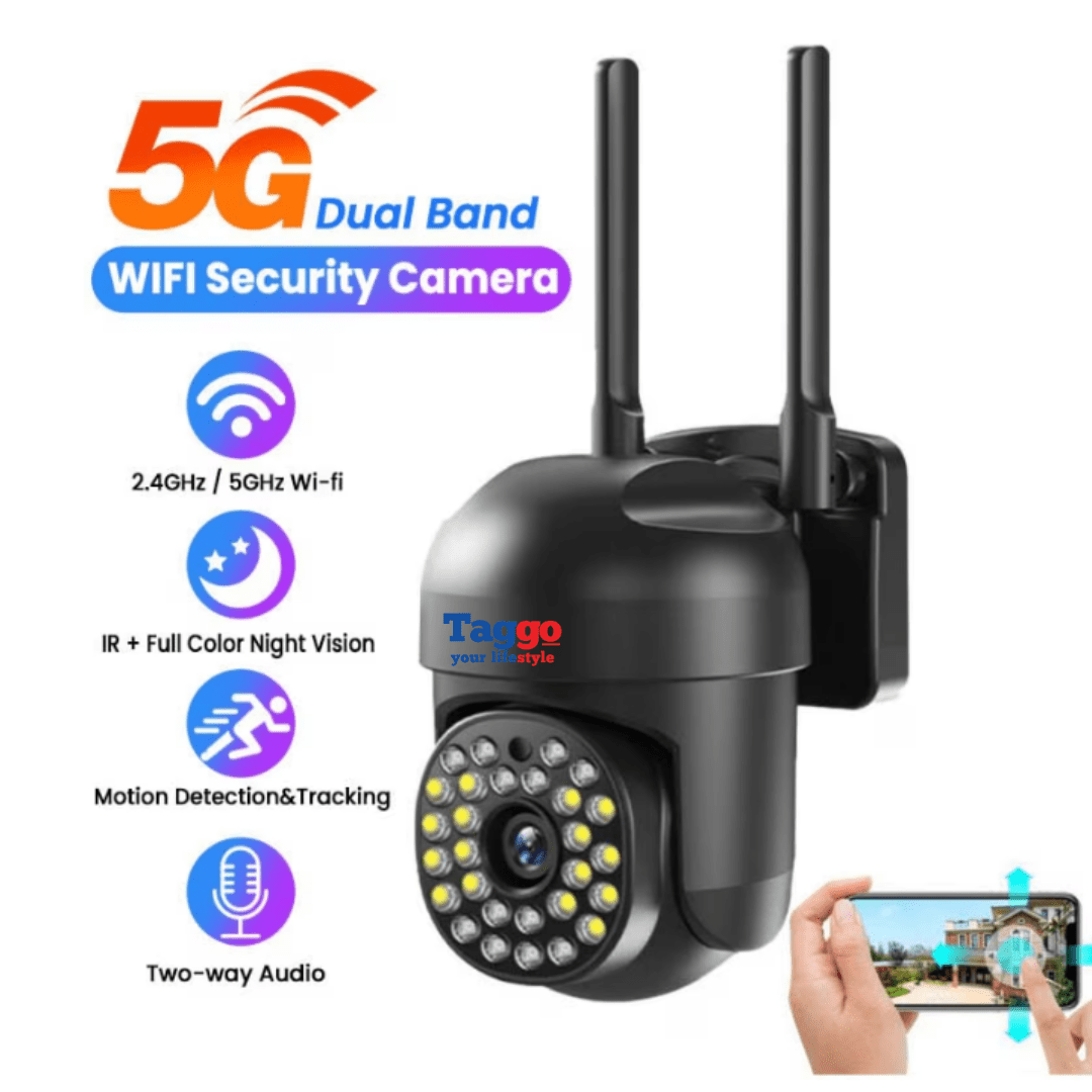 Camera de supraveghere inteligentă Taggo neagră, WiFi, 2MP, control din aplicație, comunicare bidirecțională și IR nocturnă.