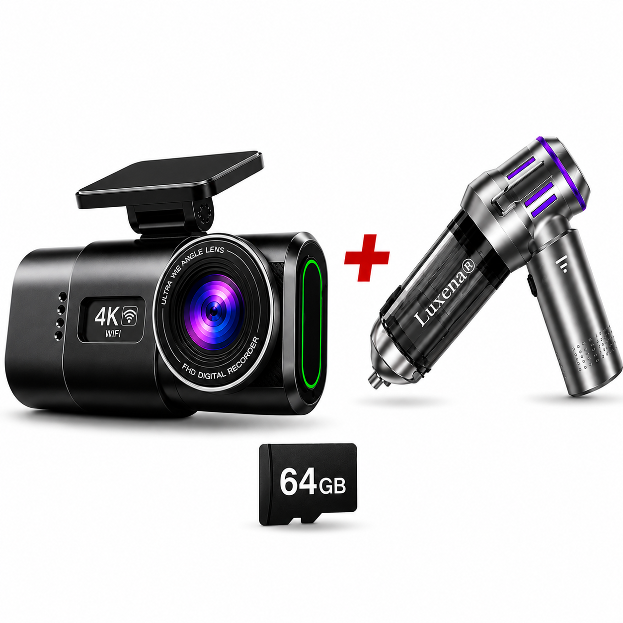 Pachet Camera Auto 4K fata + 1080P spate WIFI + Aspirator auto Portabil + Card Memorie 64GB