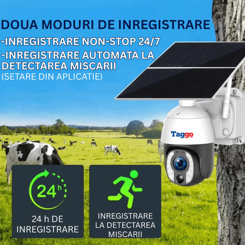 Camera de supraveghere Taggo.ro cu panou solar de 20W, 8MP, zoom optic 20x și conexiune 4G cu cartelă SIM
