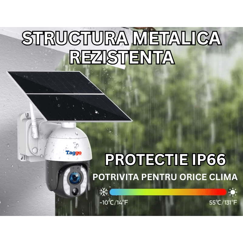 Camera de supraveghere Taggo.ro cu panou solar de 20W, 8MP, zoom optic 20x și conectivitate 4G cu cartelă SIM.