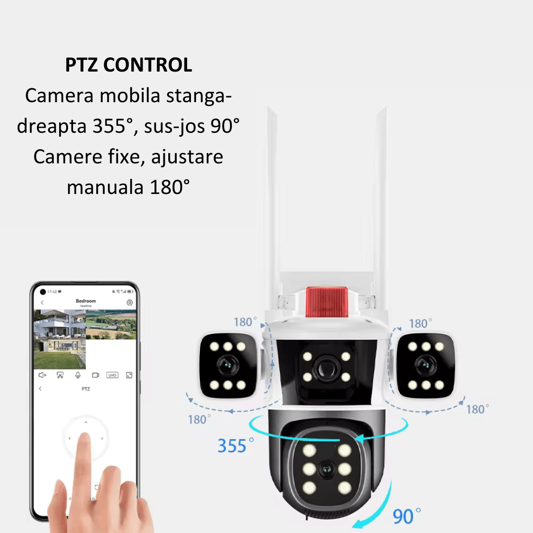 Camera de supraveghere WIFI 6K Crocodil Taggo.ro, 12MP, cu 3 lentile și control din aplicație, urmarire automată, comunicare bidirecțională