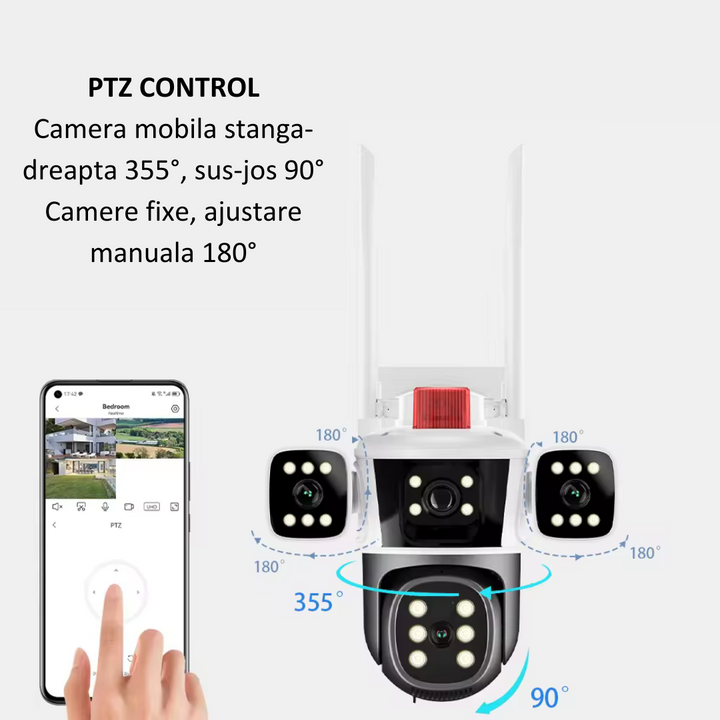 Camera de supraveghere WIFI 6K, 12MP, 3 lentile, Control din aplicatie, Comunicare bidirectionala, Urmarire automata, Multi lens - Taggo.ro