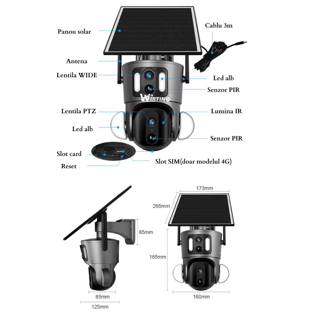 Camera supraveghere Taggo cu duală 6MP, 4G, 3K Ultra HD, rezistent la apă IP66, cu funcție de rotire din aplicație și încărcare solară