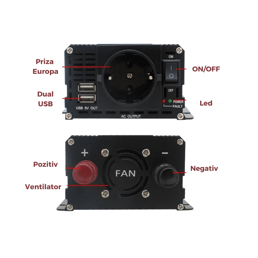 Invertor auto 12V la 220V 2600W cu display, protecție scurtcircuit și 2 porturi USB, adaptor inclus, de la Taggo.ro