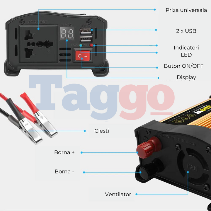 Invertor 12v 220v 500w cu Display, 1 Iesire AC Protectie Scurtcircuit 2 USB, Adaptor auto inclus - Taggo.ro