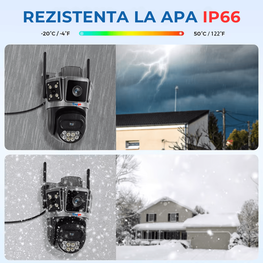 Camera de supraveghere 4G Taggo.ro, 10MP, rezistentă la apă IP66, urmăritare automată și control din aplicație, în culoare.