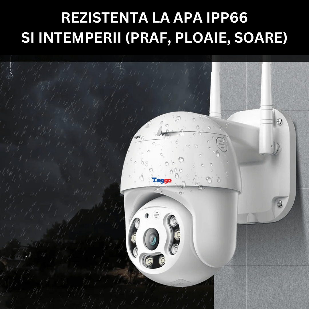 Camera de supraveghere WIFI Taggo 5MP, rezistentă la apă, rotire 360°, detectează forma umană și trimite notificări pe telefon.