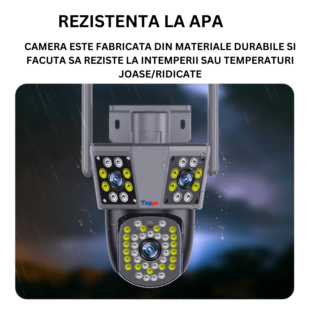 Camera de supraveghere WIFI 3K Taggo.ro cu 3 lentile, control din aplicație și rezistență IP66 pentru exterior.
