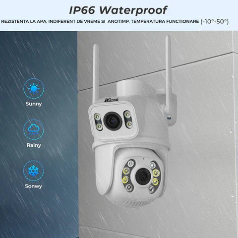 Camera WiFi de supraveghere Taggo 4K, 8MP, cu 2 lentile, control din aplicație, urmărire automată și rezistență la apă IP66.