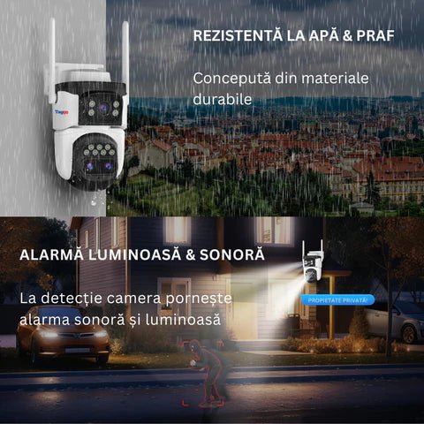 Camera supraveghere 4G VSTARCAM, 9MP, 3 lentile, zoom 10x, rezistentă la apă, acoperire vizuală 360°.
