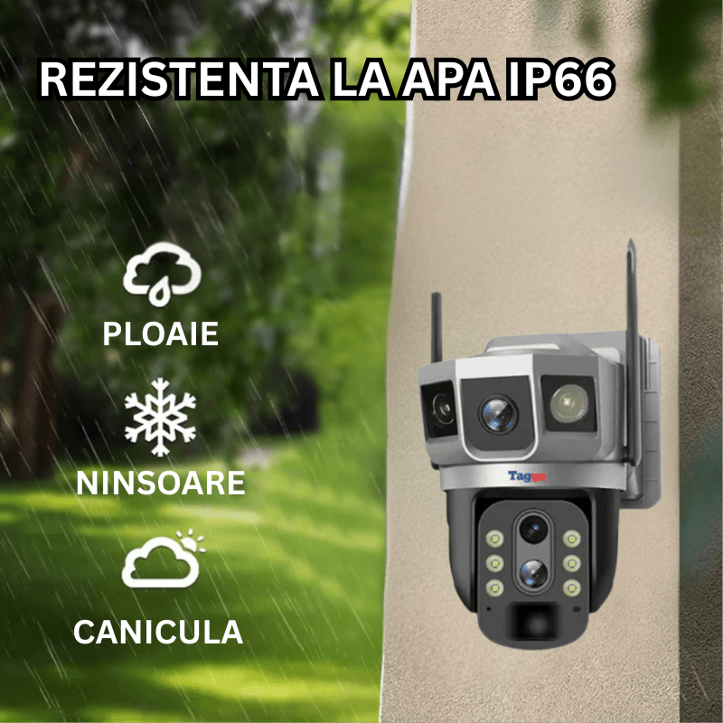 Camera de supraveghere 4G Taggo, cu 3 lentile, 6K, zoom 10x optic, rezistentă la apă IP66, control din aplicație și notificări