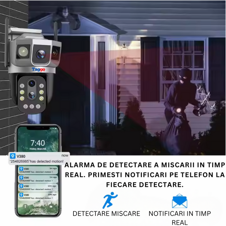 Camera de Supraveghere WIFI, 3 lentile, 6K 12MP, Zoom 10x optic, Notificari, Control din Aplicatie, Urmarire Automata - Taggo.ro