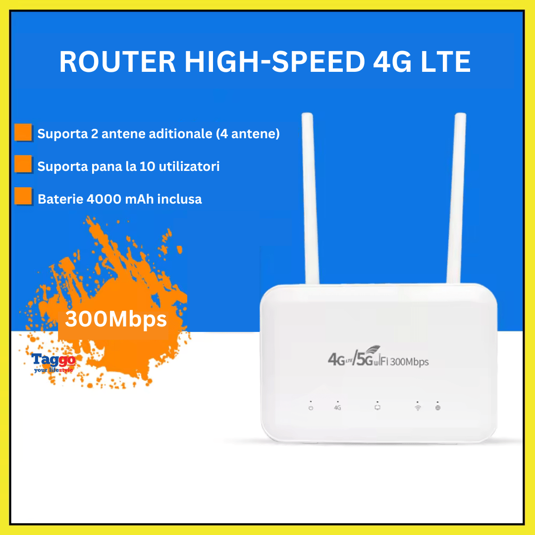 Router wireless Taggo.ro cu viteze de până la 300Mbps, suport 4G/5G, 4 antene externe și acumulator de 4000mAh.