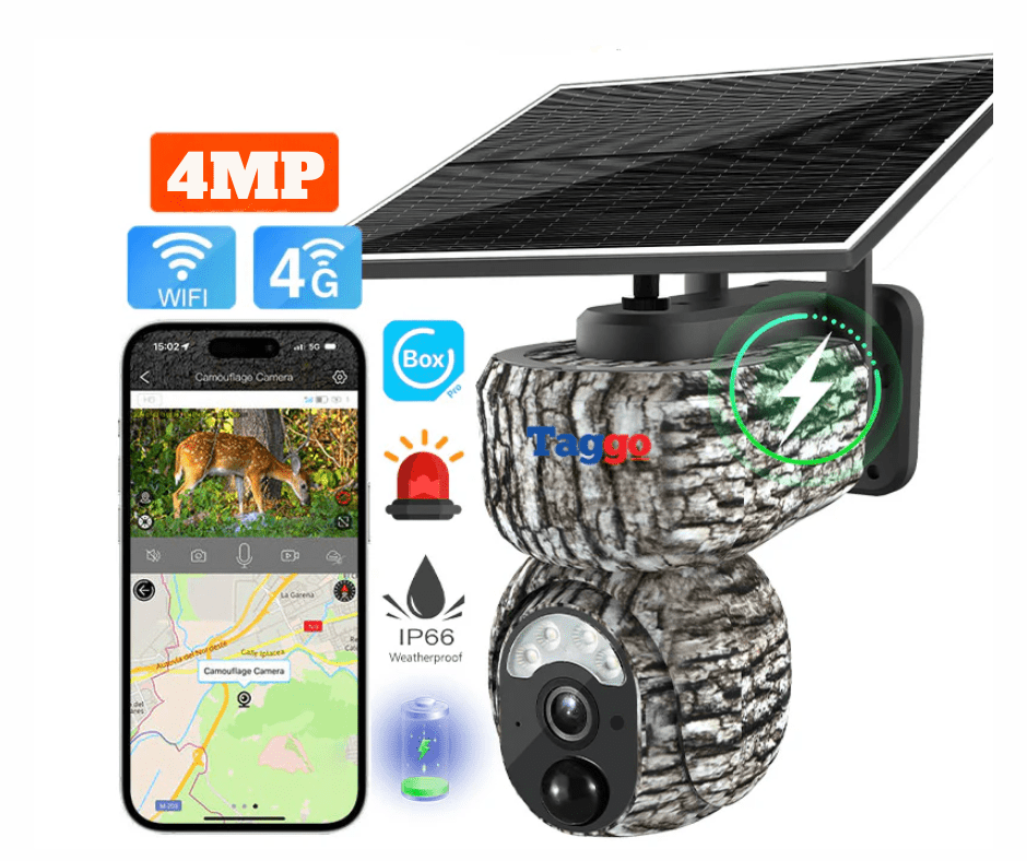 Camera de vânătoare Taggo 4MP cu conexiune 4G, GPS, detectare animale și alarmă, în culoare negru și roșu.