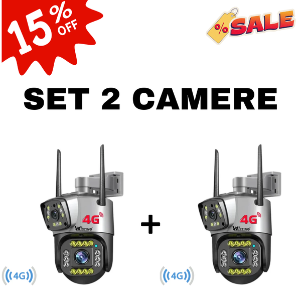 Set 2x Camera supraveghere 4G Cartela SIM 4K, 8MP, Control din aplicatie, 2 lentile, Urmarire automata, Rezistenta la apa IP66 - Taggo.ro