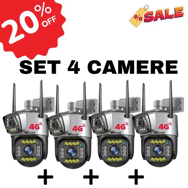 Set 4x Camera supraveghere 4G Cartela SIM 4K, 8MP, Control din aplicatie, 2 lentile, Urmarire automata, Rezistenta la apa IP66 - Taggo.ro