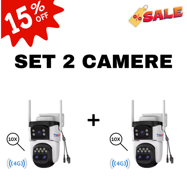Set 2x Camera Supraveghere 4G, 9MP, 3 Lentile, Zoom 10x, Rezistenta la apa, Acoperire vizuala 360° - Taggo.ro