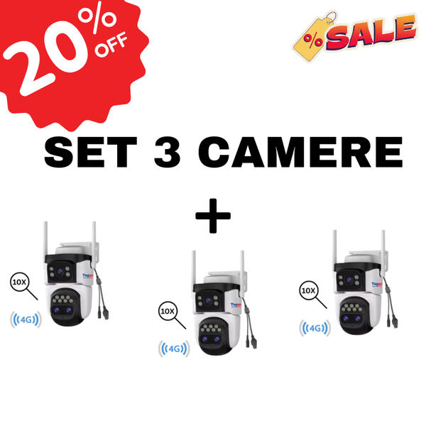 Set 3x Camera Supraveghere 4G, 9MP, 3 Lentile, Zoom 10x, Rezistenta la apa, Acoperire vizuala  360° - Taggo.ro
