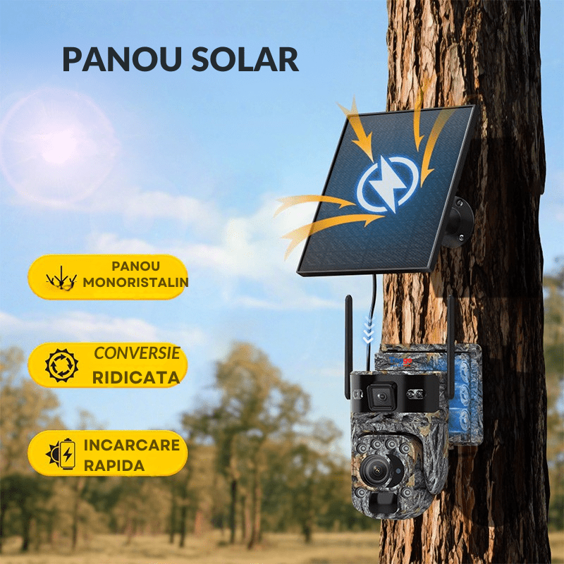 Camera de supraveghere WiFi 4K Ultra HD Taggo cu zoom optic 99X, vedere nocturnă color, PTZ rotire 355°, detectie AI și încărcare solară