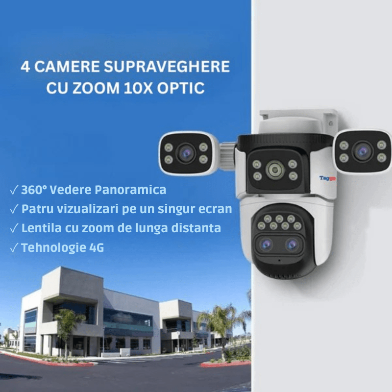 Camera supraveghere 4G Crocodil 16MP cu zoom 10X, vedere nocturnă color, audio bidirecțional și detectare mișcare, multi lens